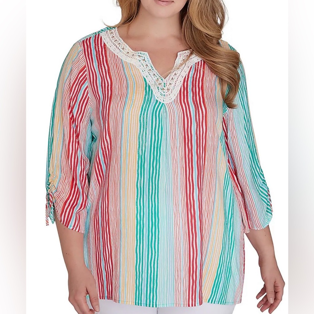 Ruby Rd Tropical Splash Striped 3/4 Sleeve V-neck Lightweight NWT Blouse